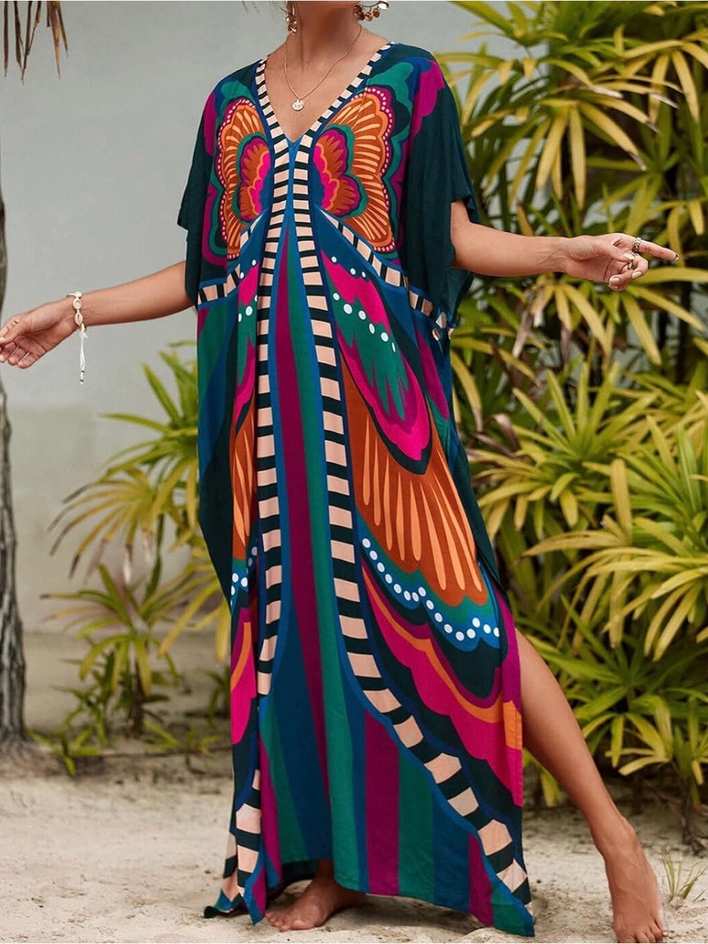 Colorful Butterfly Print Kaftan Maxi Dress | One Size | Worn Once